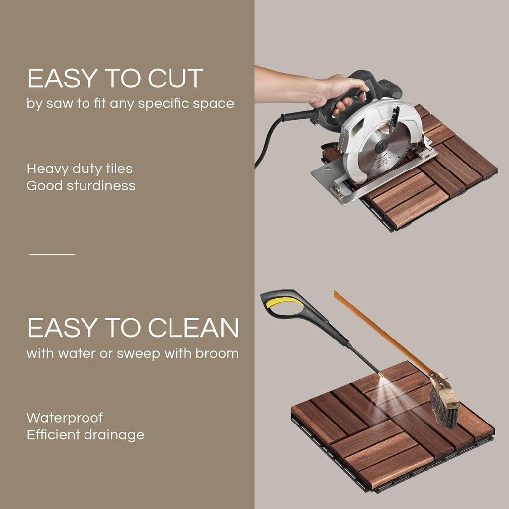 Premium Deck Tiles, Patio Flooring - Set 10 Pcs 12”x12”x0.9” Interlocking Deck Tiles, Waterproof Acacia Wood for