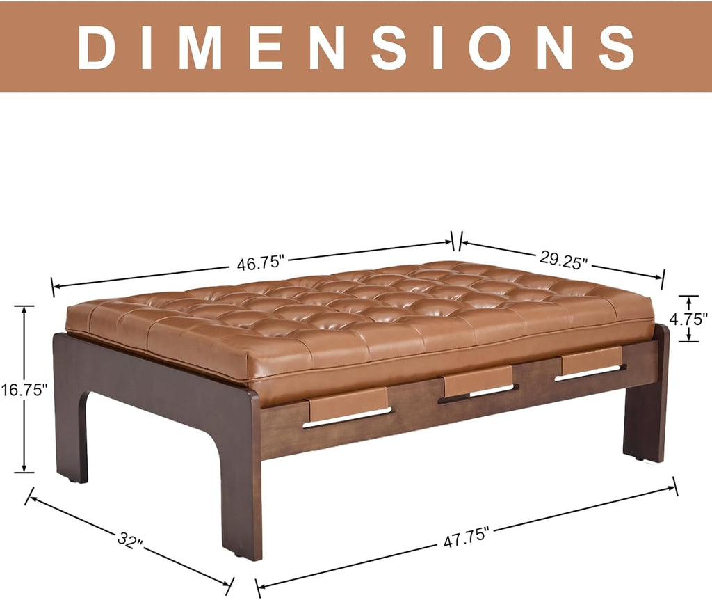 47.75" Large Rectangle Ottoman Coffee Table, Tufted Faux Leather Upholstered Living Room Coffee Table with Solid Wood