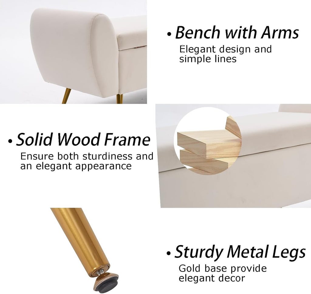 56" Storage Bench King Size Bed, Gold Legs, Velvet Ivory White | Long Ottoman, Modern End of Bed Bench, with Arm