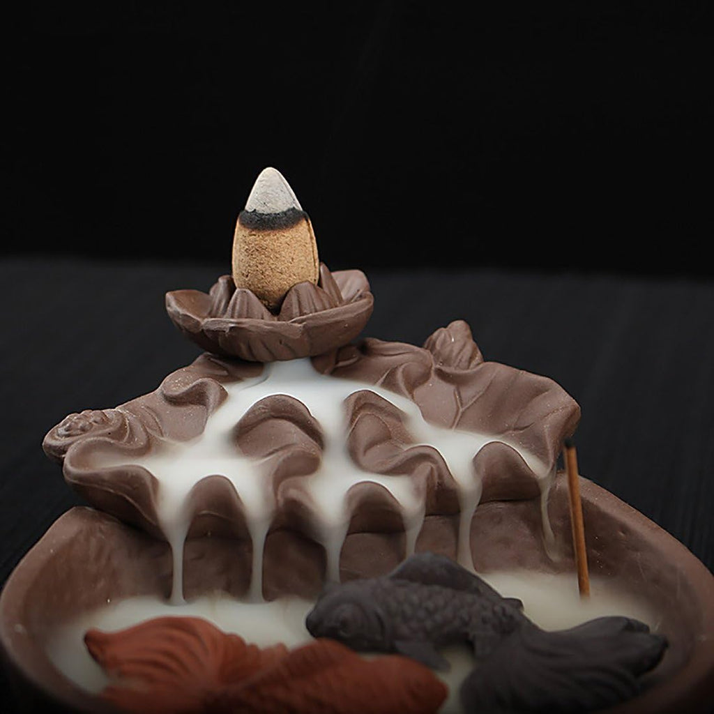 Two Fishes Ceramic Purple Clay Smoke Backflow Incense Cone Sticks Burner Holder - Set of 53