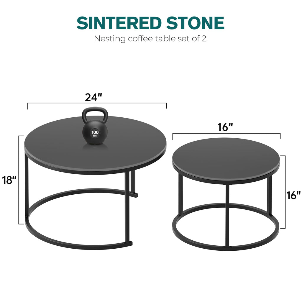 Round Nesting Coffee, Black Modern Decorative Coffee Center Set of 2, Round Sintered Stone 24'' Coffee with Sturdy