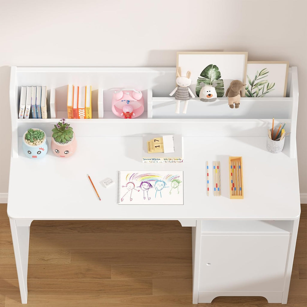 White Wooden Kids Hutch Storage Cabinet Study Workstation