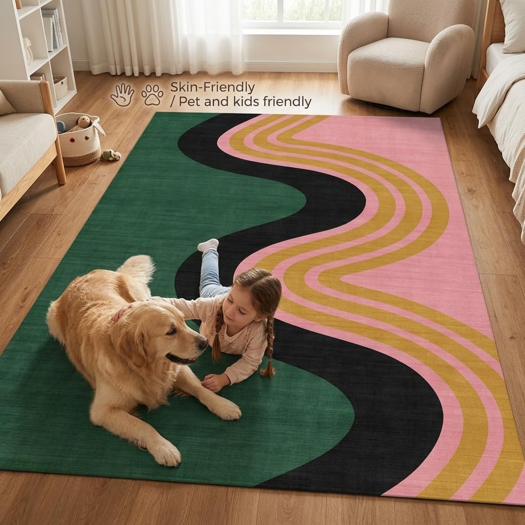 5x7 Green and Pink Modern Abstract Wavy Stripe Area Rug
