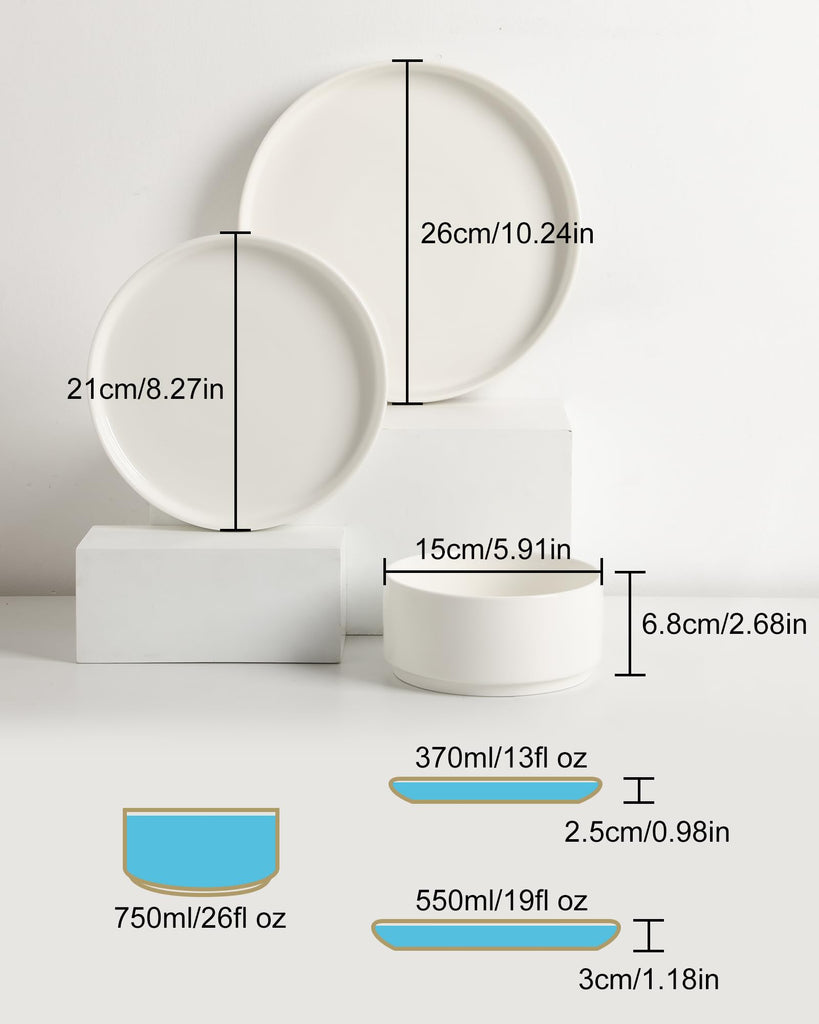 Porcelain Dinnerware Sets for 4, 12 Pieces Ceramic Plates and Bowls Set, Classic Modern Simple Kitchen Dinner Dining