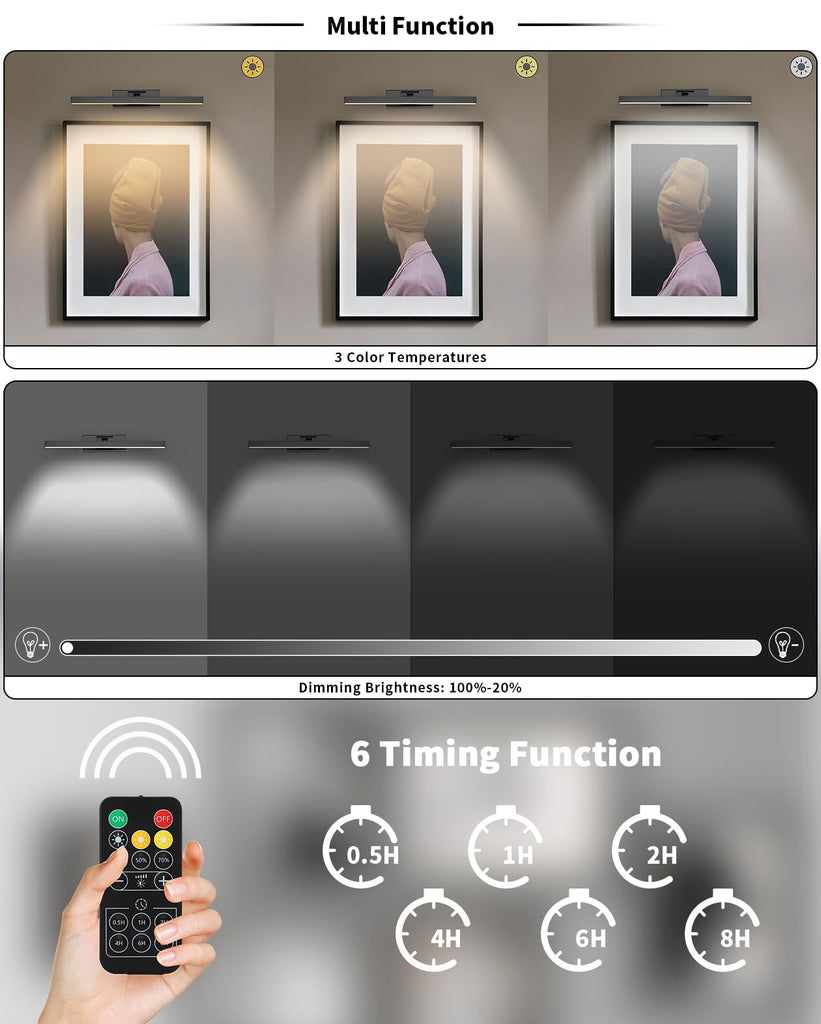 Wireless Picture Light Battery Operated Gallery Light with Remote Control Rechargeable Wall Lights Black 15.35"