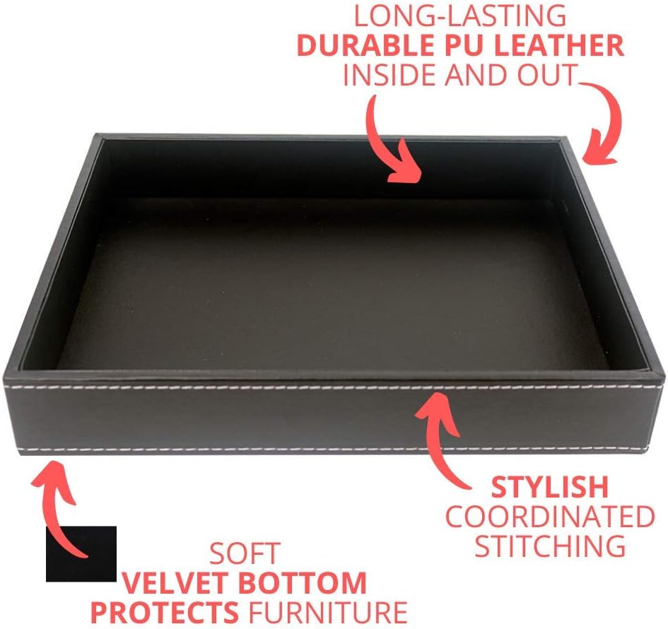 Valet Tray, Desk Tray, Key Bowl, Nightstand Organizer for Men, Black PU Leather, 10.3 x 8.3 x 1.6 inches