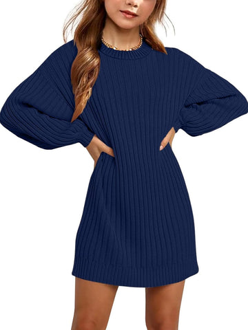 Ribbed Knit Sweater Dress Batwing Long Sleeve Teen Pullover Casual Loose Fit Fall Winter Mini Dresses