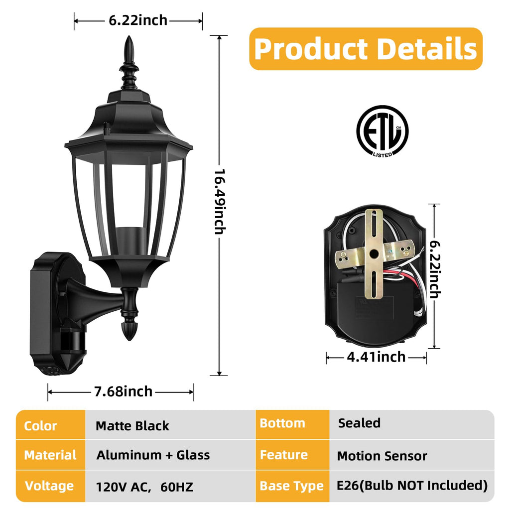 Motion Sensor Outdoor Wall Lights, Outside Porch Lamps, Black