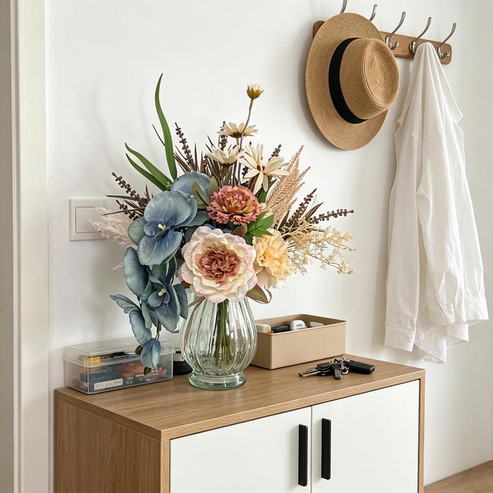 Faux Flowers with Vase, Artificial Orchid Flowers (Blue)
