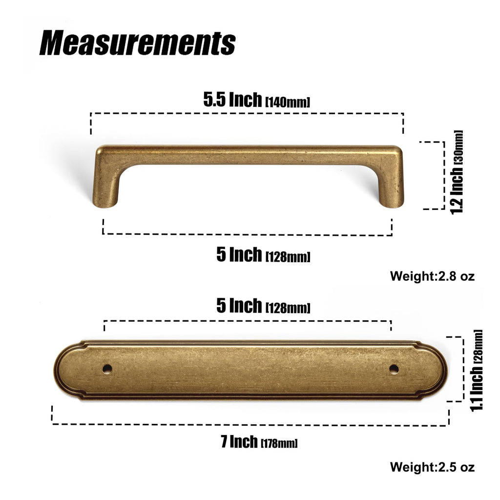 Antique Brass Cabinet Pulls with Backplate,Zinc Alloy Cabinet Handle with 5''(128MM) Hole Centers 2 Pack