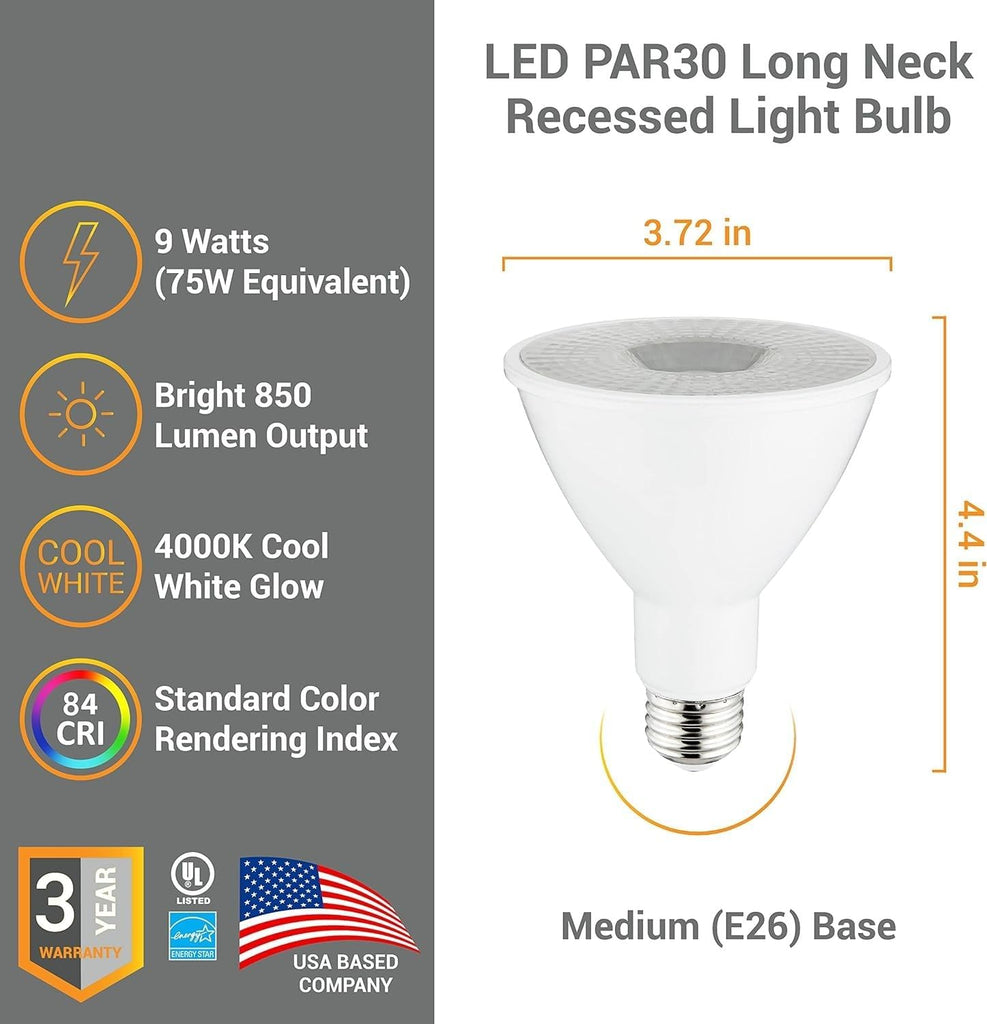 PAR30 LED Bulb Long Neck Flood Light Dimmable 9W (75W Equivalent) 850 Lumen E26 Standard Medium Base 4000K Cool White