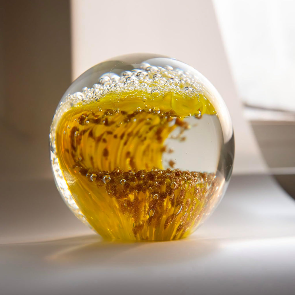 Hand-Blown Glass Ocean Wave Paperweight, 3.15" Solid Art Sculpture, Vibrant Yellow & Gold Nautical Desk Decor