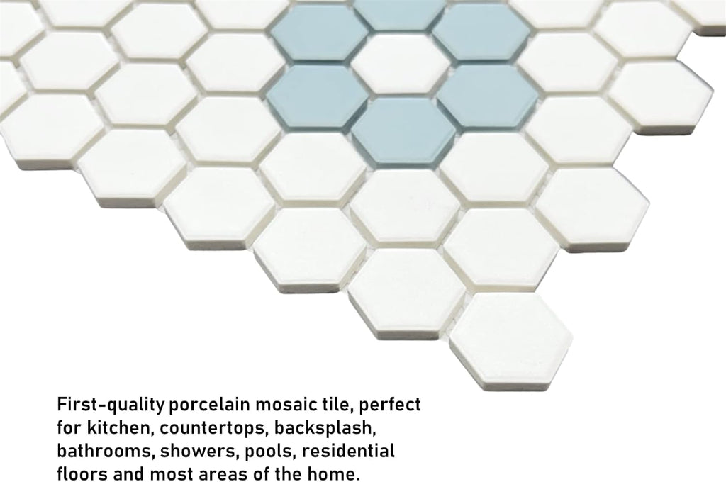 White Sky Blue Flower Hexagon Porcelain Mosaic Floor and Wall Tile Backsplash, Pool Tile, Bathroom Floor, Accent Wall