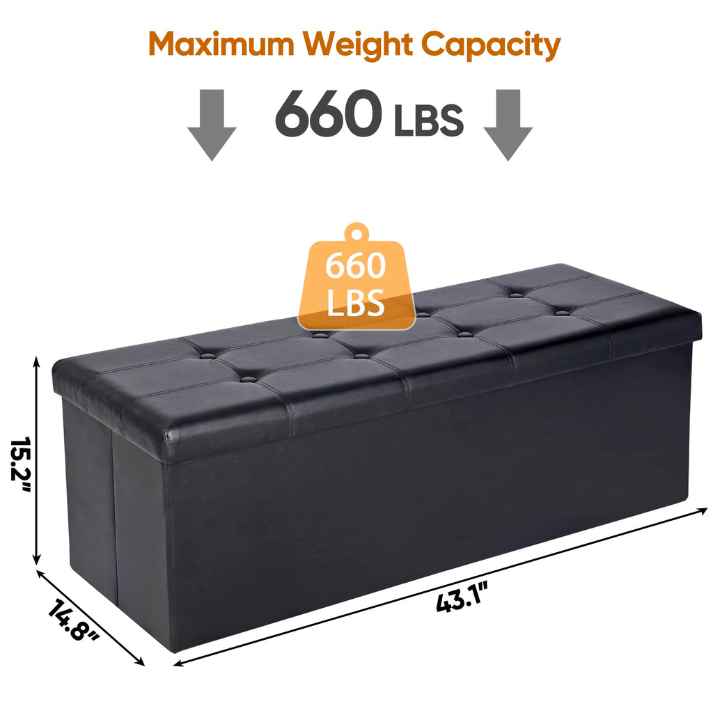 43 Inches Ottoman Storage Bench, Folding Design Chest Faux Leather Ottomans Footrest Living Room Office, Entryway