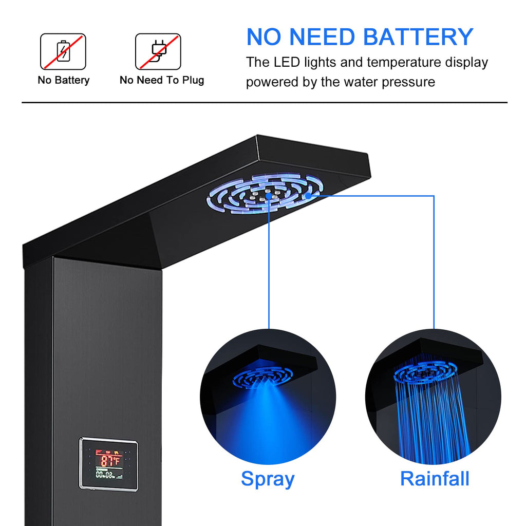 LED Shower Panel Tower System with 2 in 1 Rainfall Shower Head