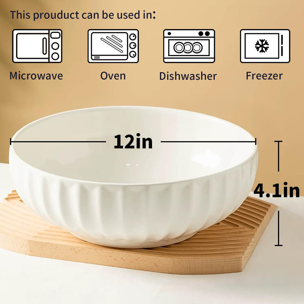 4 Quarts 2 Pcs Extra Large White Serving Bowls with Free Spoons, 12 inch Oversized Big Salad Bowls For Entertaining