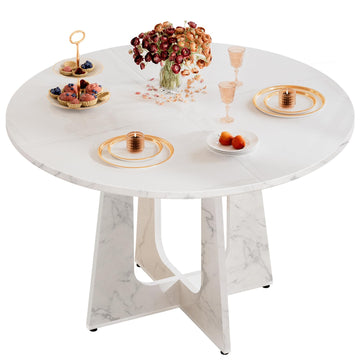 47" Round Dining Table for 4-6, Farmhouse Wood Kitchen Table, Mid-Century Wooden Circle Dinner Room Table Easy