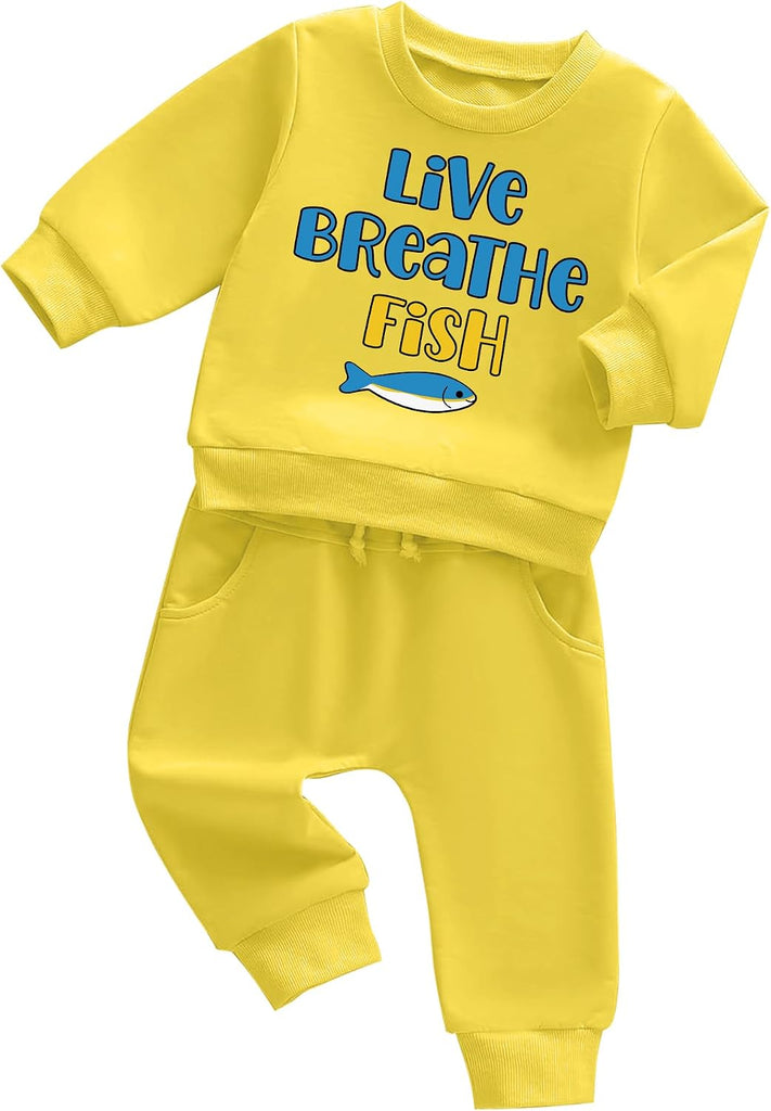 Toddler Baby Boys Casual Outfit Graphic Live Breathe Fish Long Sleeve Sweatshirt and Jogger Pants Piece Set