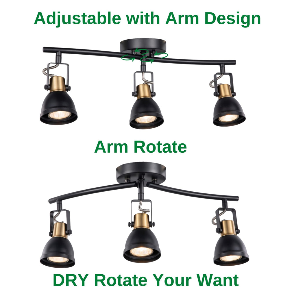 3 Light Foldable Track Lighting Kit, Matte Black Brass Finish Pivot Shades Rotatable Arm with GU10 Socket Modern