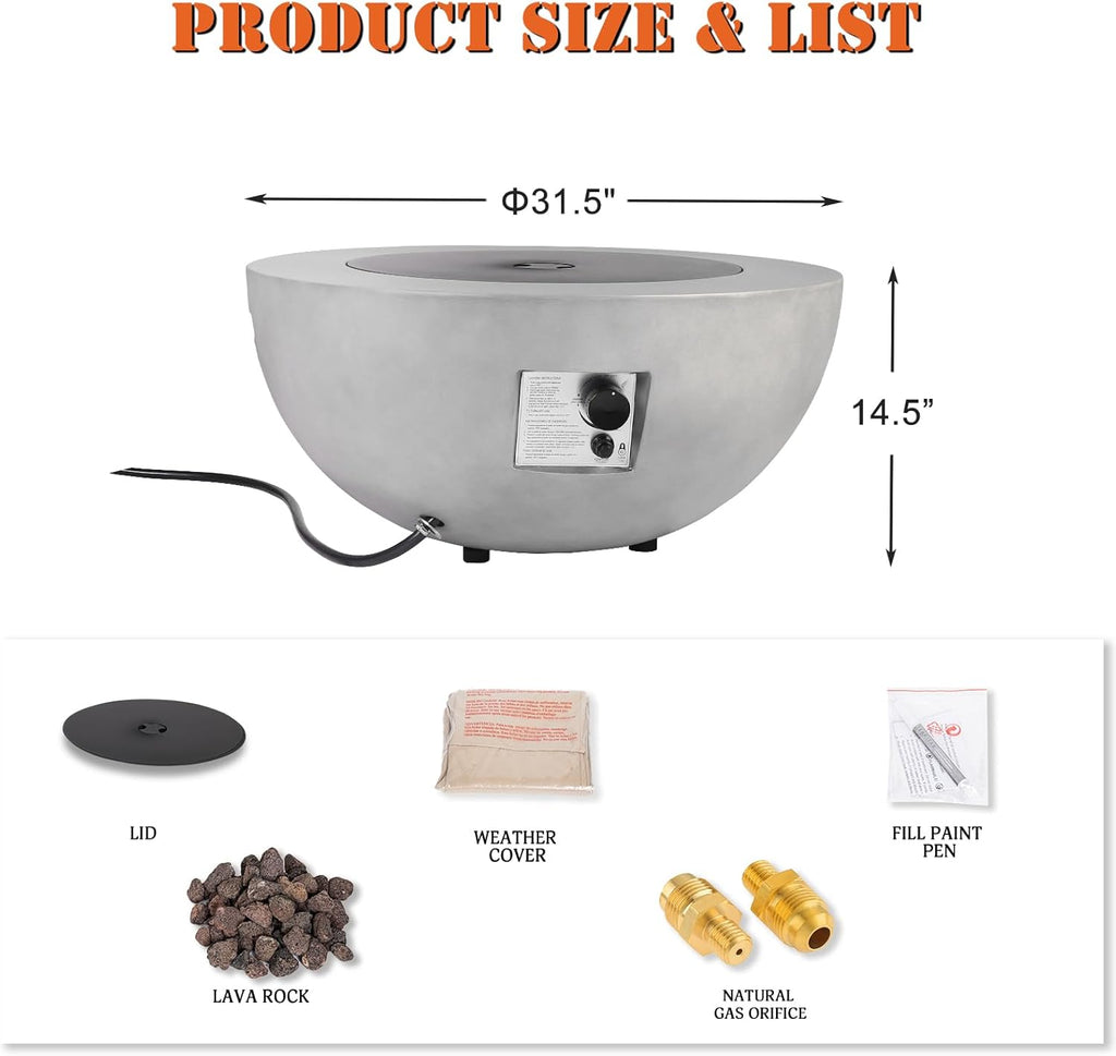 31.5 Inch Round Propane Fire Pit Table - Concrete Round Fire Bowl 50,000 BTU Natural Gas Firepit Burner with Steel Lid