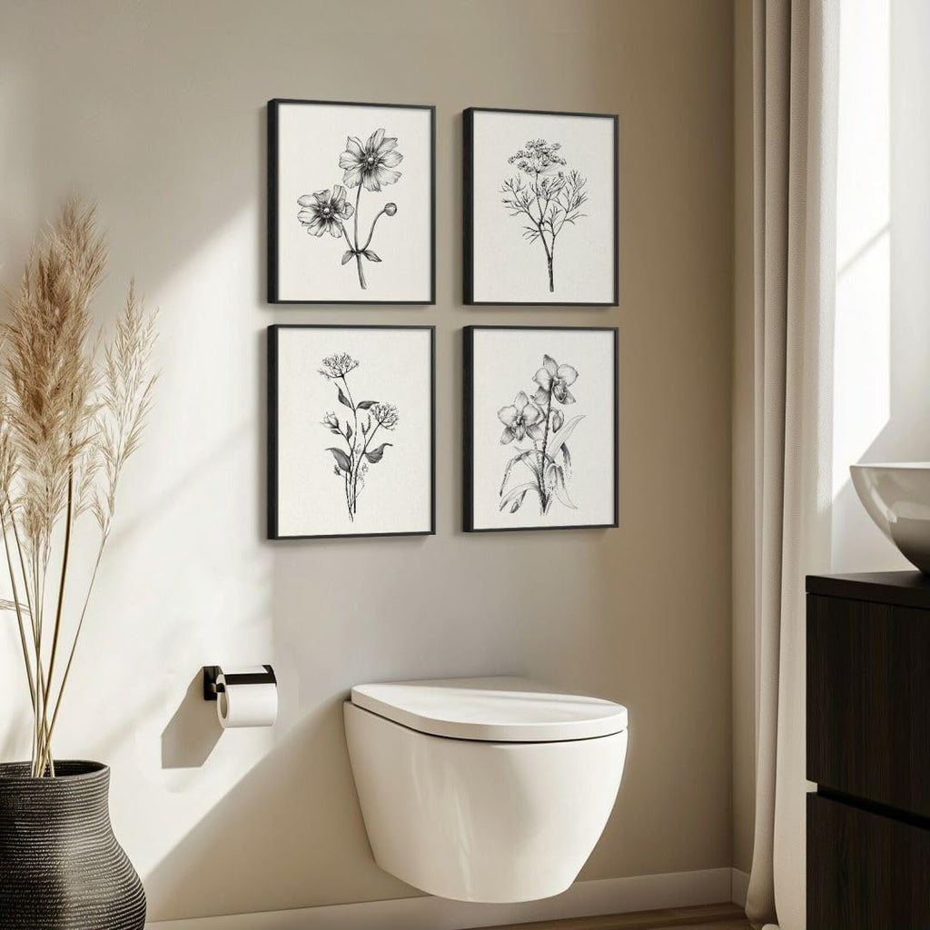 Framed Black and White Bathroom Wall Art, 4 Piece Vintage Floral Canvas Prints Artwork for Farmhouse, Rustic