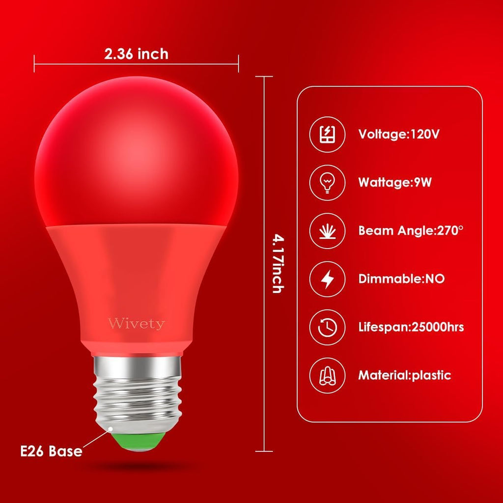 LED Red Light Bulb, A19 9W, Red Cover, E26 Base, Non-Dimmable