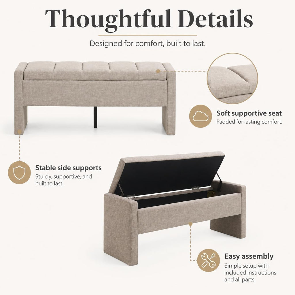 47.25 Inch Storage Ottoman Bench, Linen Upholstered, Grey Brown | End of Bed Storage Bench, Entryway Shoe Bench and