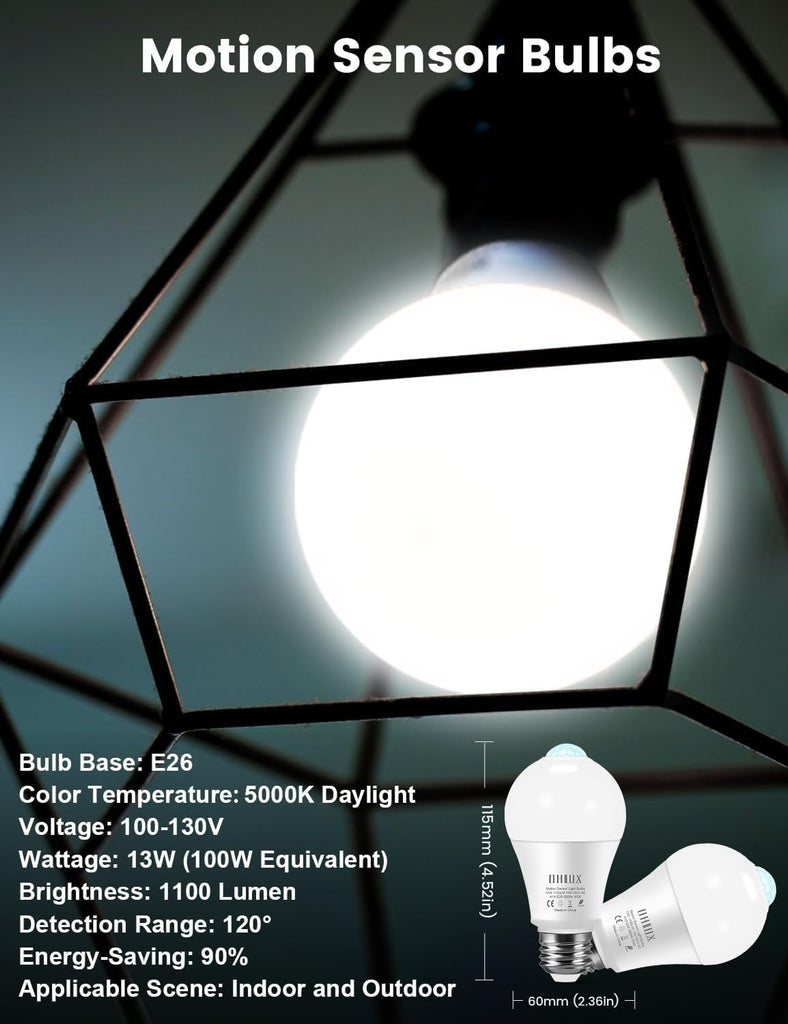 Motion Sensor Light Bulbs, 13W (120-Watt Equivalent) Motion Detector Light Bulb Motion Activated Dusk to Dawn