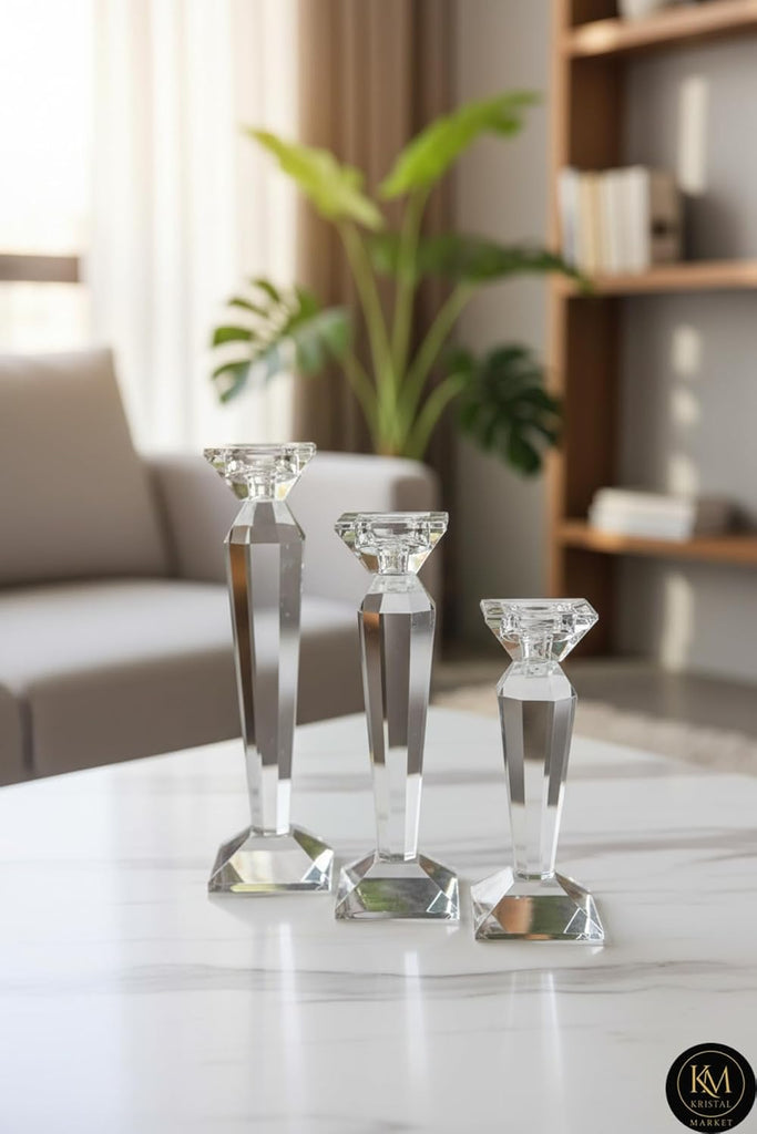 Handmade Crystal Quality Candle Holder Candelabra Set of 3 - White - 14 in Tall - White
