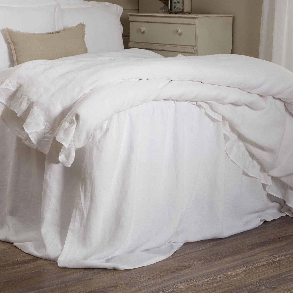 Provincial Linen White Queen Ruffled Bed Skirt with 21" Drop and Split Corners, 100% Linen Dust Ruffle