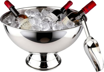 Large Ice Bucket 13L Stainless Steel Champagne Bowl Ice Bucket with Ice Scoop Semicircle Drink Tub with Integrated