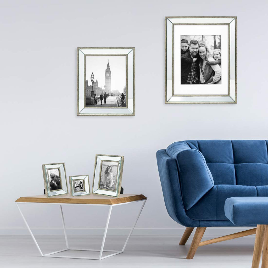 Jacobs 8x10 Silver Beveled Mirror Picture Frame - Classic Mirrored Frame with Deep Slanted Angle Made for Wall Décor