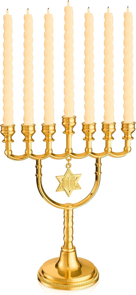 Gold 7 Branch Hanukkah Menorahs Candle Holder with Traditional Star