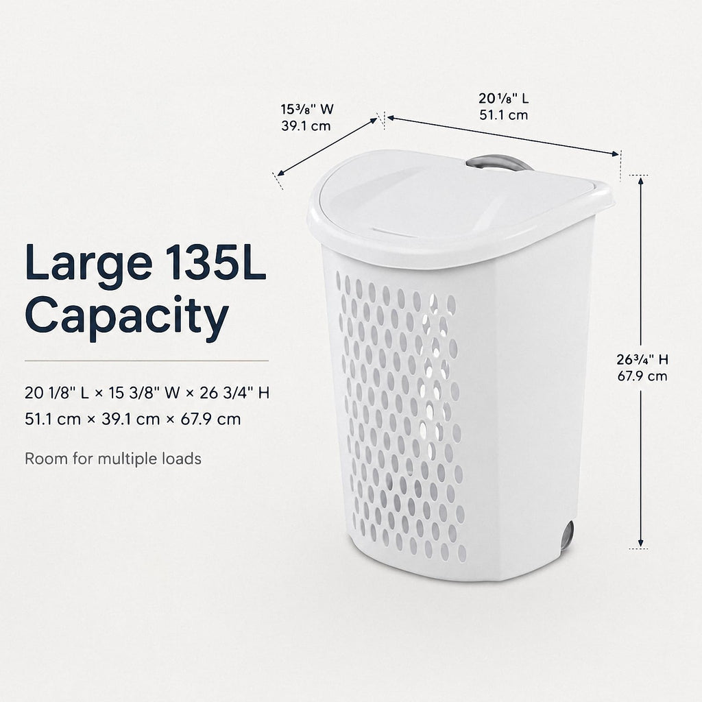 White Wheeled Plastic Laundry Hamper - Adult-Sized Rolling Basket