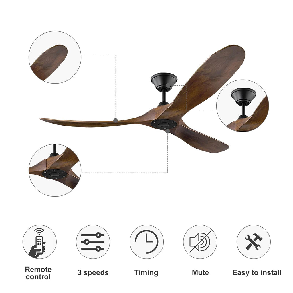 60 Inch Ceiling Fan Without Light, Large Outdoor Propeller Ceiling Fans s, 3 Blades Farmhouse Wood Fan with Downrods
