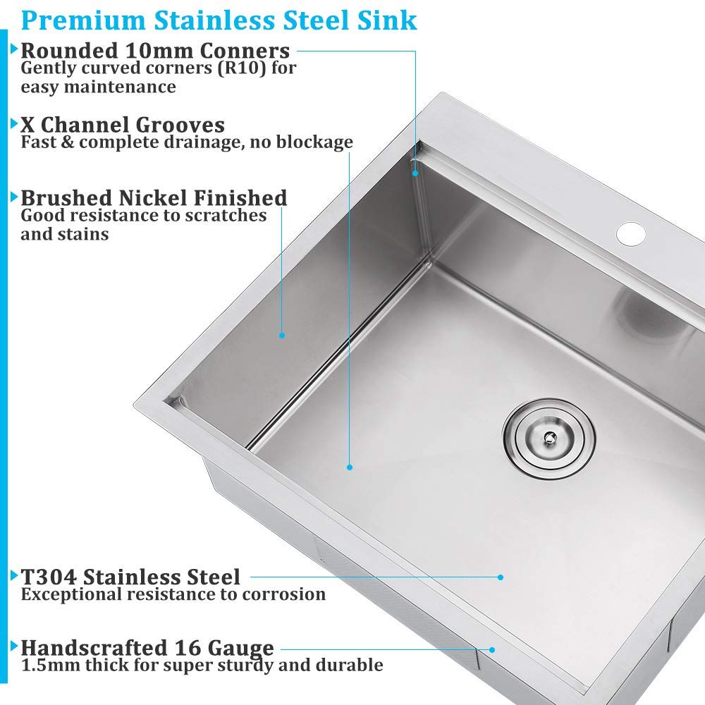 25x22 Drop Sink Workstation, Single Bowl Stainless Steel Top Mount Kitchen Sink Ledge Built In 16 Gauge Handmade 10"