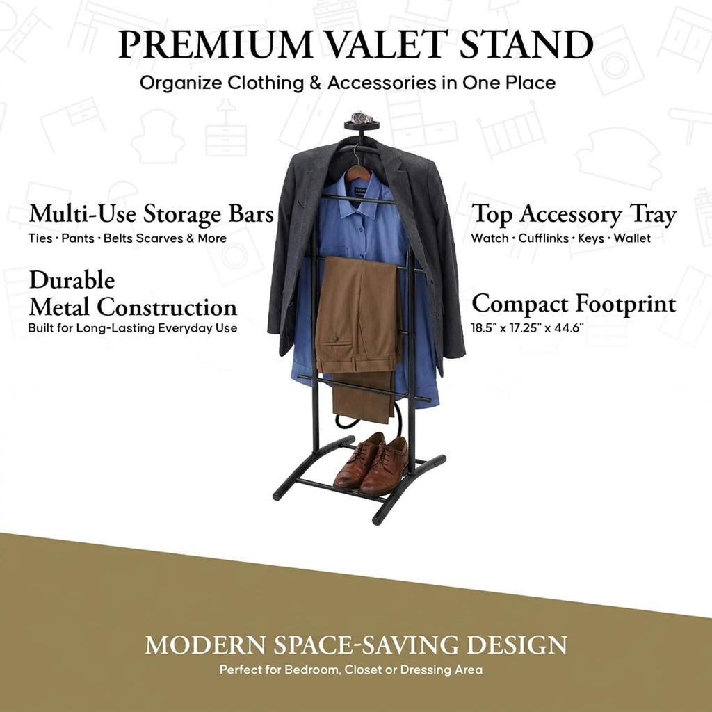 Freestanding Metal Suit Valet Stand with Tie Bar, Black