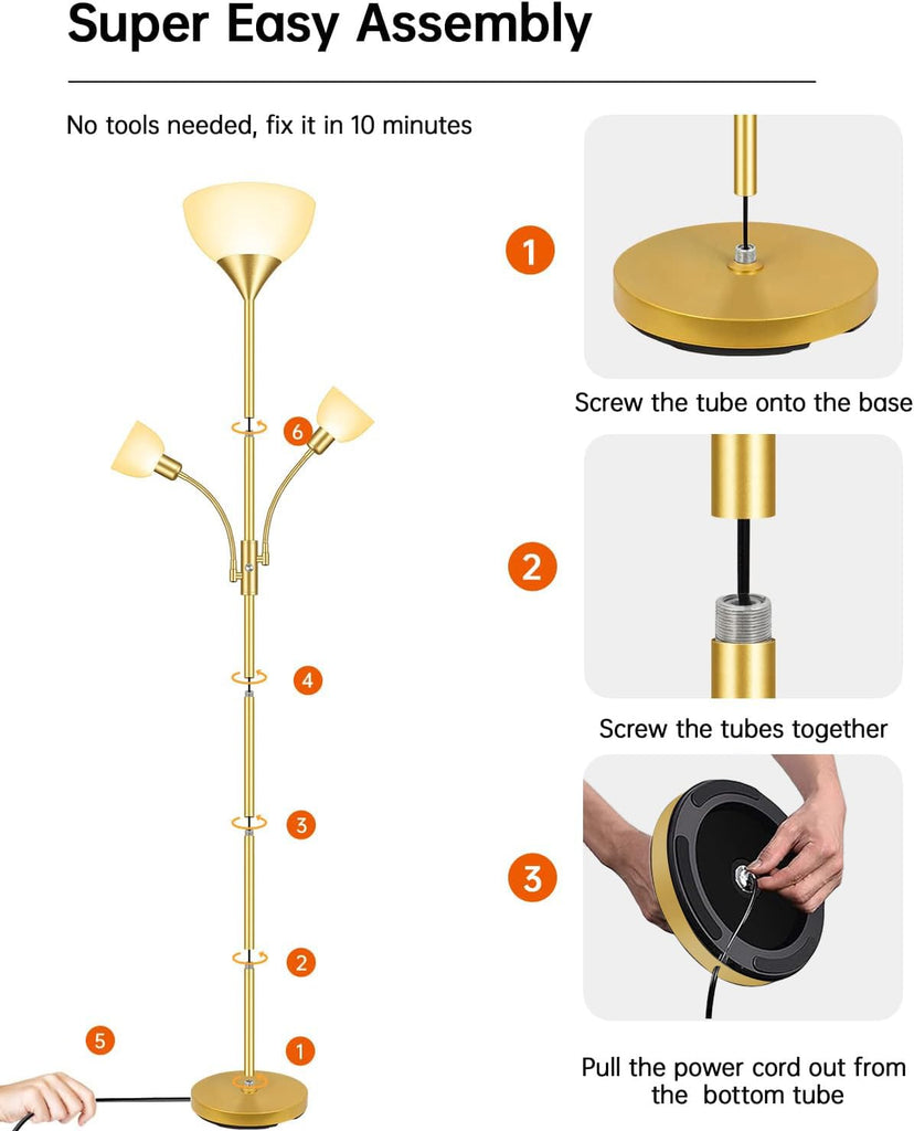 Floor Lamp, Torchiere Floor Lamps, 71 Inch Tall Standing Lamp, Bedroom Lamps with Reading Light, Rotary Switch, 3