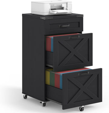 3 Drawers Farmhouse File Cabinet with Wheels , Rustic Black | Vertical Filing Cabinet Fits Letter/A4 Size, Rolling
