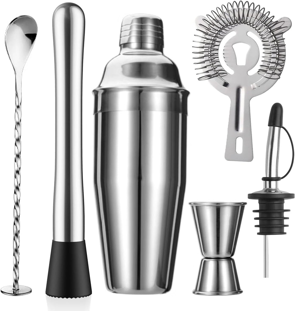 6-Piece Cocktail Shaker Set 24oz Shaker Strainer Muddler Jigger Mixing Spoon Pour Spout Bartender Kit Stainless Steel
