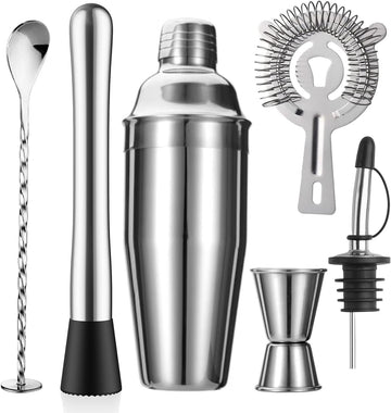 6-Piece Cocktail Shaker Set 24oz Shaker Strainer Muddler Jigger Mixing Spoon Pour Spout Bartender Kit Stainless Steel