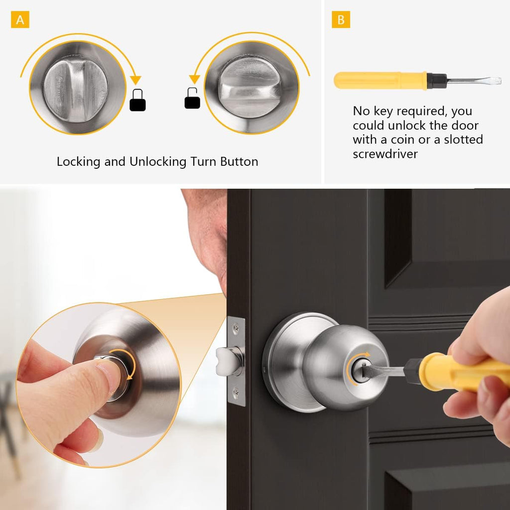 Privacy Interior Door Knobs Stainless Steel, Keyless Door Locks Bathroom, Brushed Nickel, 6 Pack