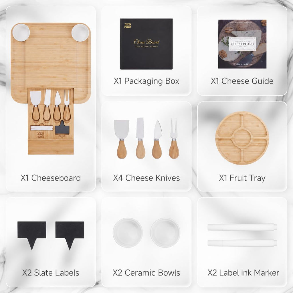YZS Bamboo Charcuterie Board Set with 4 Cheese Knives, 13 Inch
