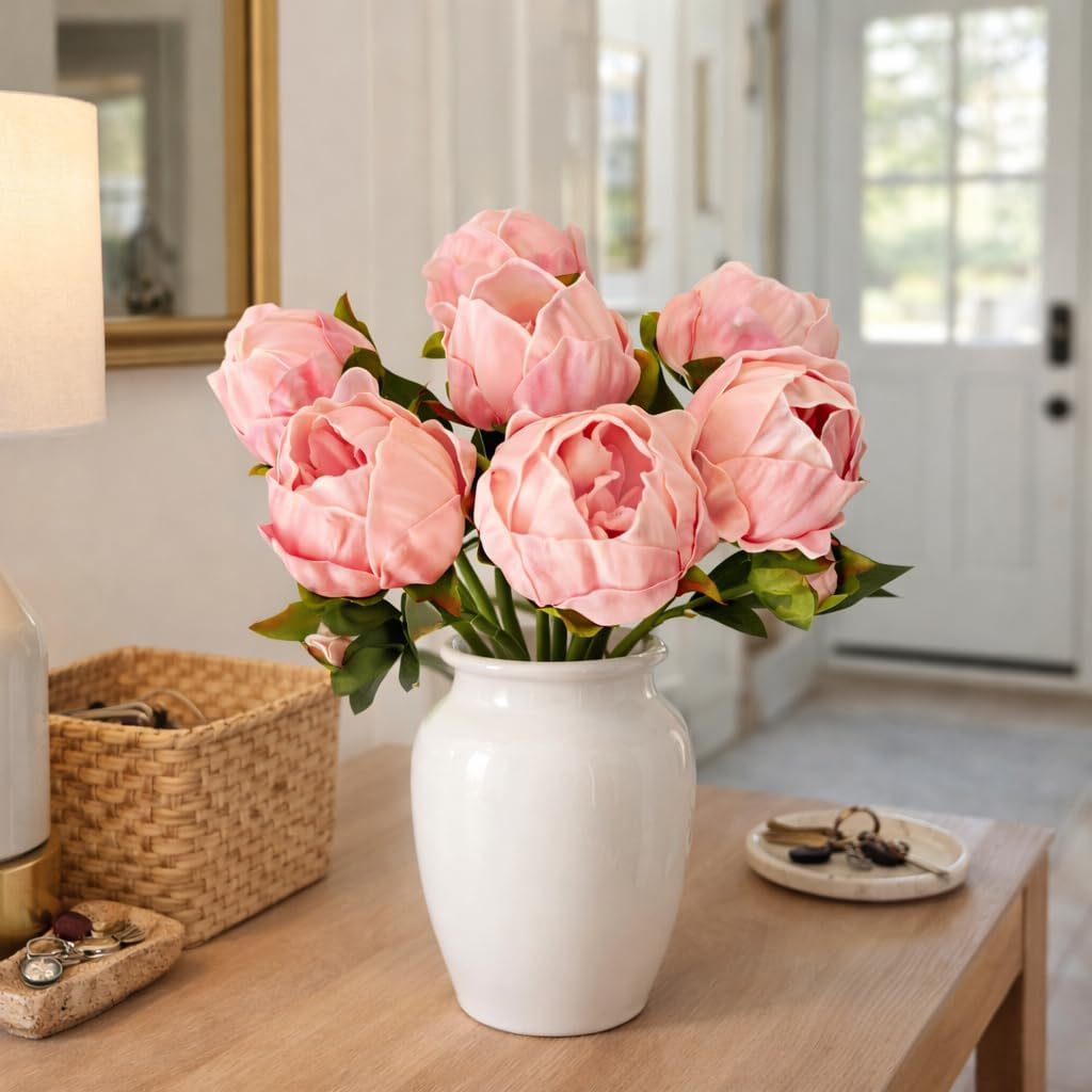 Artificial Peony Flowers 14 Inch Blush Pink Real Touch Faux Peonies (6 Flowers, 2 Buds) Decor, Table & Entryway - Set of 6
