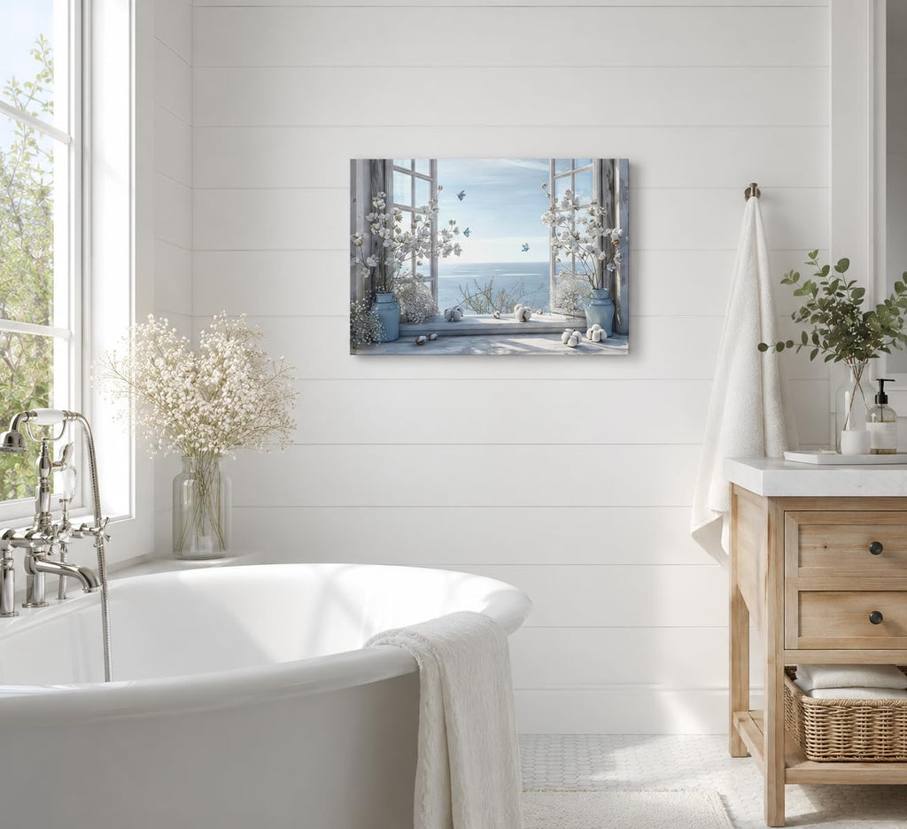 Coastal Flower Bathroom Canvas Wall Art Farmhouse Cotton Bouquet and Butterfly Bathroom on Window Wall Decor Rustic