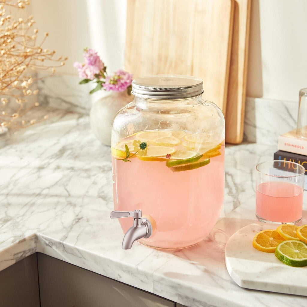 1 Gallon Glass Water Dispenser with Stainless Steel Spigot + Marker & Chalkboard, & Ice Cylinder - 100% Leakproof
