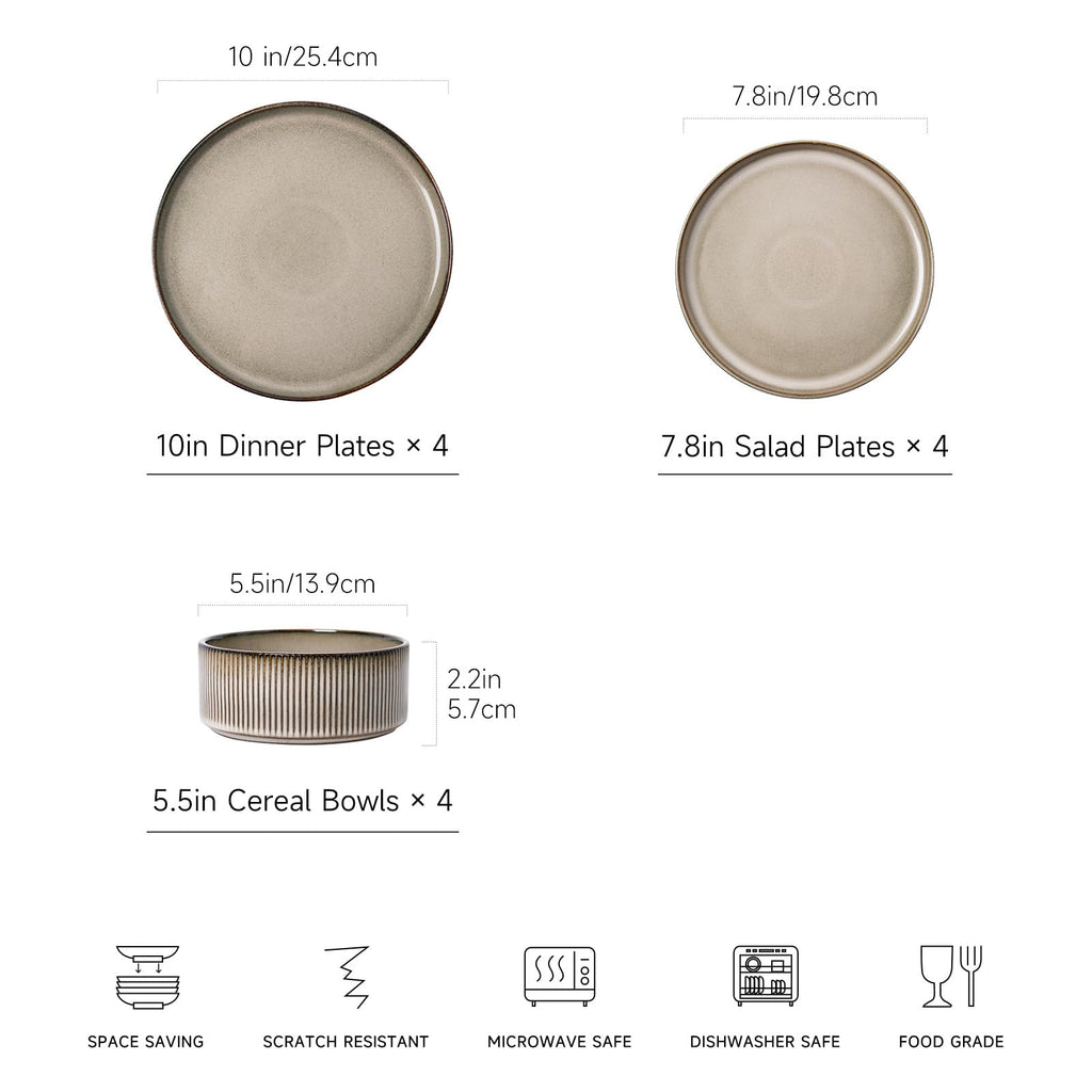 12PCS Ceramic Dinnerware Set for 4, Stoneware Plates and Bowls Sets