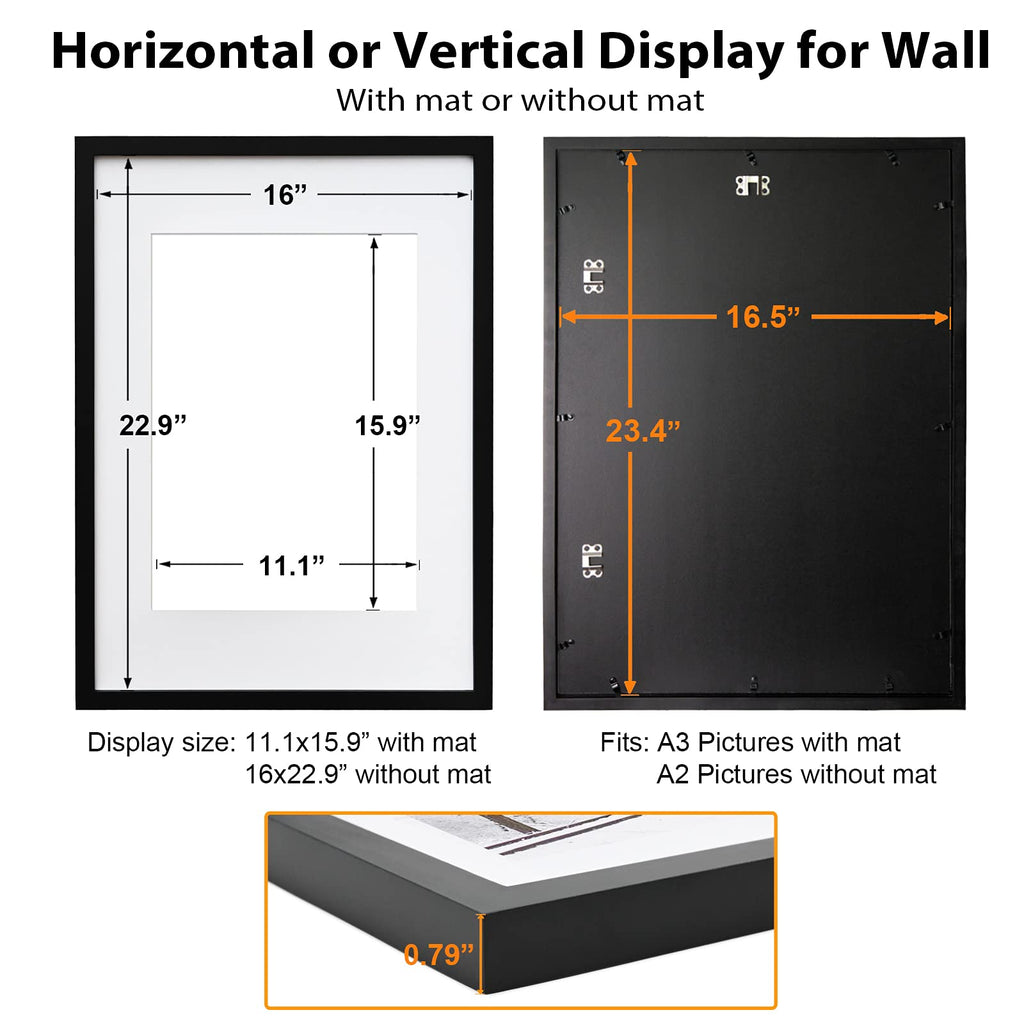 A2 Picture Frames Set of 2 Matted for A3 - Solid Wood Acrylic Plexiglass Front for Wall Mounting Hanging Vertically