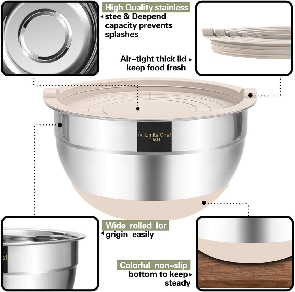 Mixing Bowls with Airtight Lids, 6 piece Stainless Steel Metal Nesting Storage Bowls, Non-Slip Bottoms Size 7, 3.5