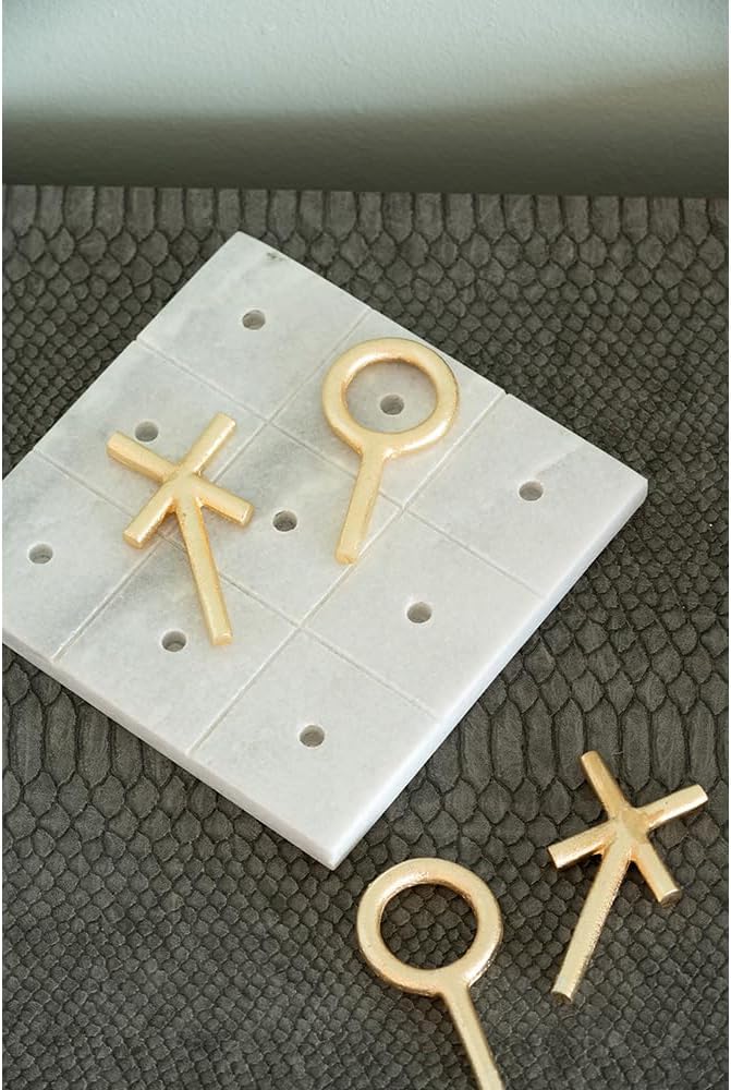 6.4" Banswara Marble Tic Tac Toe Game Set w/Gold Metal Pieces Luxury Decor